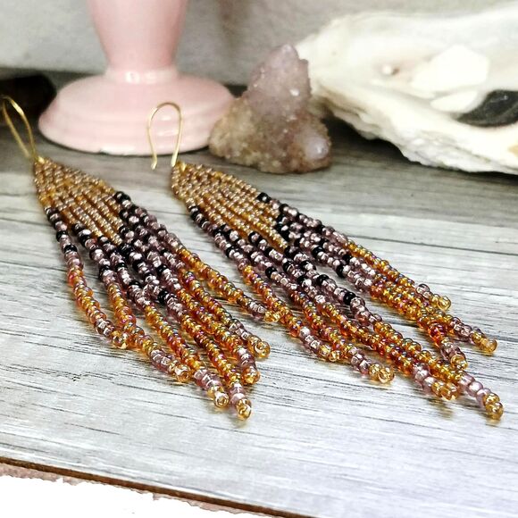Long Beaded Fringe Dangle Earrings, Seed Bead Statement Boho Chic Jewelry 5.5" - Picture 4 of 10